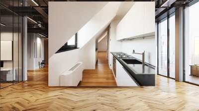 Interior, beautiful loft, hardwood floor, modern kitchen Wall mural