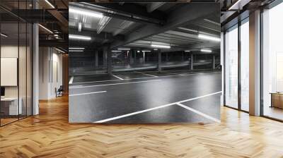 Modern underground garage with lamps illuminating the scene. Parking lines are drawn on the floor. No one inside Wall mural