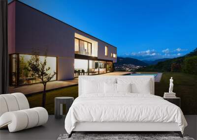 Modern villa with pool, night scene Wall mural