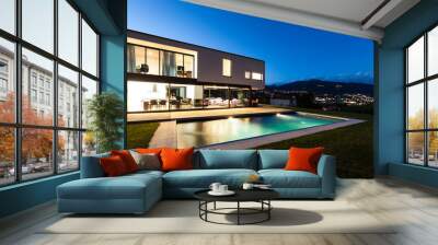 Modern villa with pool, night scene Wall mural