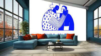 Two people showing affection to each other and lettering. Queer, gay, gender non conforming couple. Celebrating pride and the LGBTQ plus community. Minimalist, outline, blue vector illustration. Wall mural