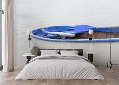 Old wooden white boat with sides, benches and raised blue paddles, is moored to shore in shallow water of forest lake on overcast summer day Wall mural