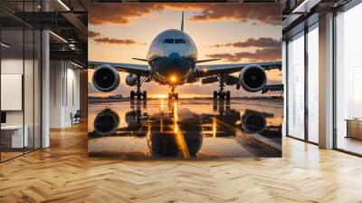 Commercial airplane with glowing lights taxiing on a wet runway at sunset, reflecting on the tarmac with visible engines, wings, and landing gear under an orange sky at the airport terminal  Wall mural