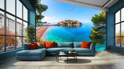 Sveti Stefan island, wonderful view from the rock, Budva riviera, Montenegro Wall mural