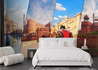 taj mahal, agra fort, amberfort and red fort of dehli - main views of india Wall mural