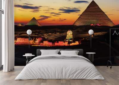 The Great Pyramids of Giza, enlighted at night, Egypt Wall mural