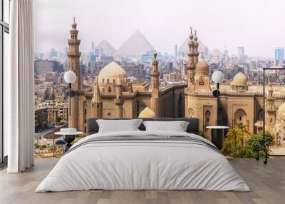 The Mosque-Madrassa of Sultan Hassan and the Pyramids in the background, Cairo, Egypt Wall mural