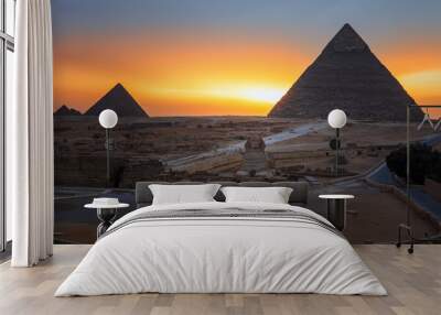 The Pyramids and the Sphinx in twilight, evening view of Giza complex, Egypt Wall mural