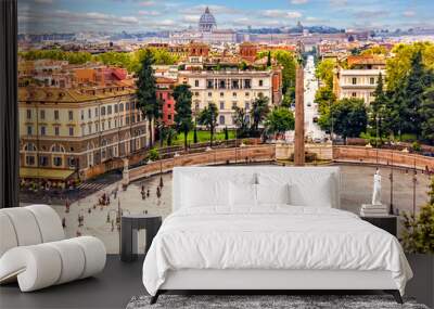 View on Piazza del Popolo with the Egyptian Obelisk and the fountains, photo from Villa Borghese Wall mural