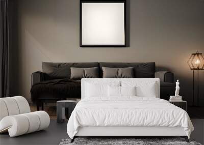 Mockup of square black frame with sofa in dark classic interior Wall mural