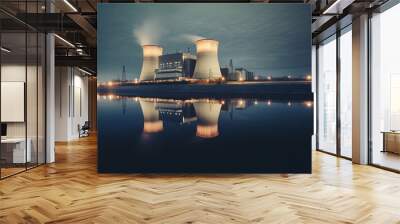 Nuclear power plant on coast of lake night photo Generative AI Wall mural