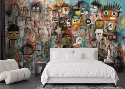 Bright abstract painting of various portraits. Wall mural