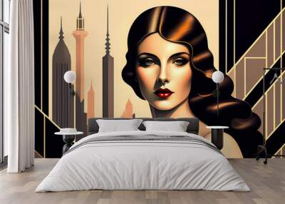 Drawing of stunning feminine 1920s woman, muted and subtle pastel Art Deco colors. Wall mural