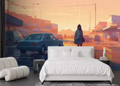 Person with shopping bag walking in their car. Wall mural