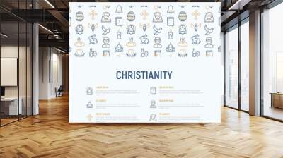 Christianity concept with thin line icons of priest, church, nun, crucifixion, Jesus, bible, dove. Vector illustration for banner, web page, print media. Wall mural