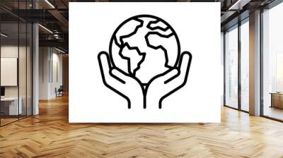 Save planet. Hands holding planet Earth. Environmental economics, social responsibility for nature. Thin line icon. Vector illustration. Wall mural