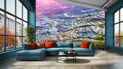 Terraced Rice Fields in Water Season in South China at Sunset Wall mural