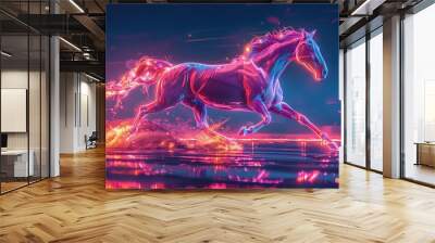 A dynamic digital illustration of a neon horse galloping with energy and vibrancy, glowing with vibrant light effects against a futuristic background. Wall mural