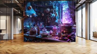 A mystical alchemy lab with glowing potions, magical artifacts, and enchanted smoke rising from a cauldron. The scene is filled with magic. Wall mural