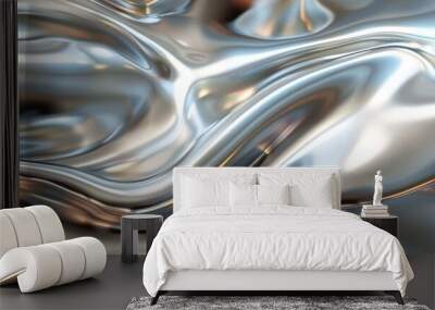 Abstract metallic wave texture background with reflective silver and chrome tones. Ideal for modern design and futuristic themes. Wall mural