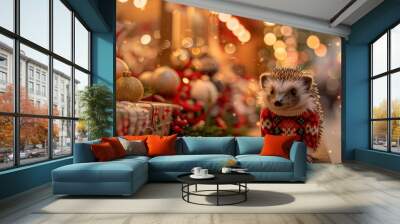 Adorable hedgehog in a festive sweater surrounded by Christmas decorations with bright lights in the background. Wall mural