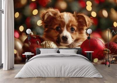 Adorable puppy surrounded by festive Christmas ornaments, creating a warm and joyful holiday feeling. Wall mural