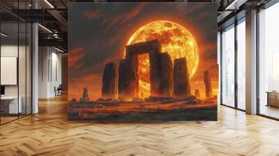 An ancient druid circle activating a portal to other worlds on the solstice, under the glow of a supermoon Wall mural