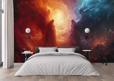 Angel and demon locked in an eternal dance around a dying star battling for its fate Wall mural