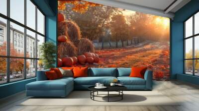 Autumn sunset with pumpkins and hay bales along a rustic path, surrounded by vibrant fall foliage and framed by a wooden fence. Wall mural