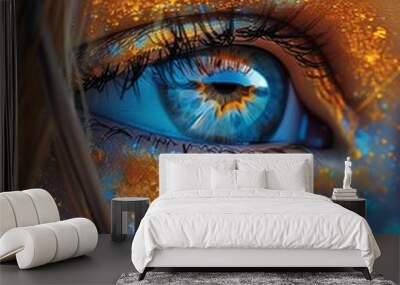 Close-up of a blue eye with vibrant orange and blue paint splatters, creating a captivating, artistic visual effect. Wall mural