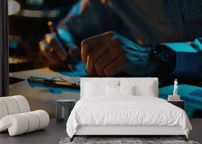 Close-up of a person writing on documents with charts in a dimly lit office setting, focusing on hand and wristwatch details. Wall mural