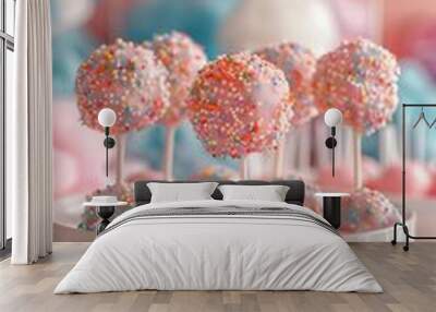 Colorful cake pops with sprinkles on a white stand, surrounded by pastel decorations, perfect for a sweet, festive celebration. Wall mural