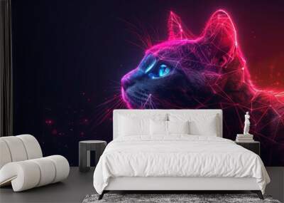 Digital neon cat art with vibrant colors and geometric patterns, creating a futuristic and mesmerizing visual effect. Wall mural