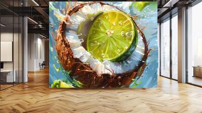 Digital Rendering Techniques, Transform the simple beauty of a coconut lime refresher into a mesmerizing pixel art masterpiece  drink from a dynamic worms-eye view using vibrant colors a Wall mural