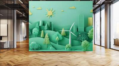 Eco-friendly cityscape with wind turbines, solar panels, and green buildings illustrating sustainable urban living and renewable energy. Wall mural