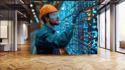 Engineer wearing a hard hat and protective glasses works on a complex computer network with glowing lights in a data center. Wall mural