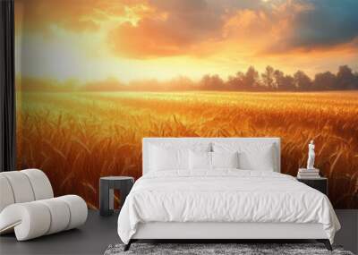 Golden wheat field illuminated by a stunning sunset, creating a serene rural landscape under a dramatic sky. Wall mural