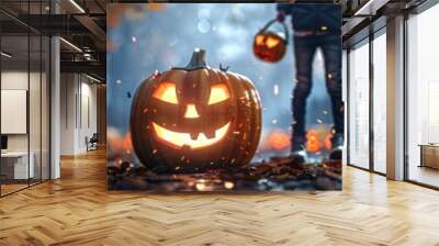 Halloween night scene with glowing jack-o'-lanterns and kids holding lanterns, surrounded by festive decorations and autumn leaves on a dark path. Wall mural