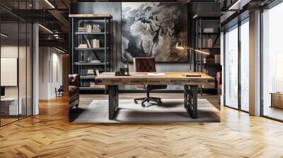 Industrial-style home office with a reclaimed wood desk Design, a metal bookshelf, AI Generated Wall mural