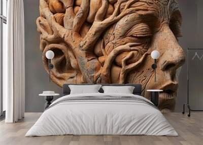 Intricate sculpture of a human head with trees and branches growing, symbolizing unity with nature and the environment. Wall mural