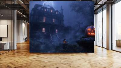 Spooky haunted house with glowing jack-o'-lanterns on a foggy night, surrounded by dark trees and a full moon. Wall mural