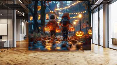 Two children dressed in Halloween costumes carrying illuminated pumpkins walking on a festive, decorated street. Wall mural