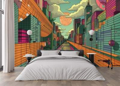 Vibrant, futuristic cityscape illustration with colorful buildings and abstract elements under a dynamic, cloud-filled sky. Wall mural