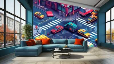 Vibrant urban street scene with busy car traffic, colorful buildings, and pedestrians at a city intersection in a lively downtown area. Wall mural