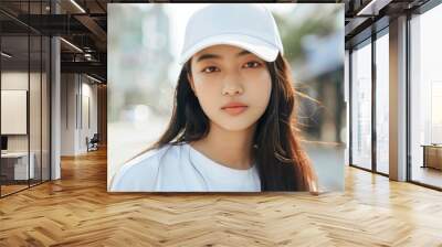 Close-up of a serene young woman with a white baseball cap against an urban backdrop, conveying a sense of modern casual style Wall mural