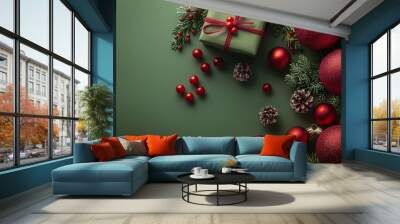 Festive Christmas Decoration with Red Ornaments and Green Gift Box Wall mural