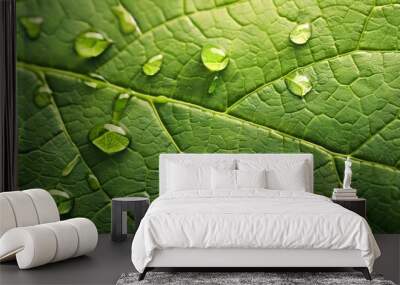 Vibrant Green Leaf with Fresh Water Droplets Close-up Wall mural