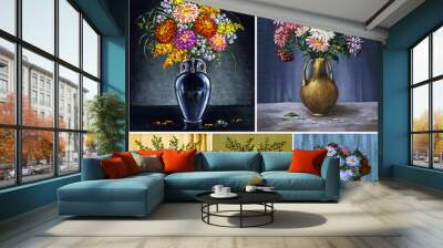 Flowers, asters in a vases. Picture oil paints, set Wall mural