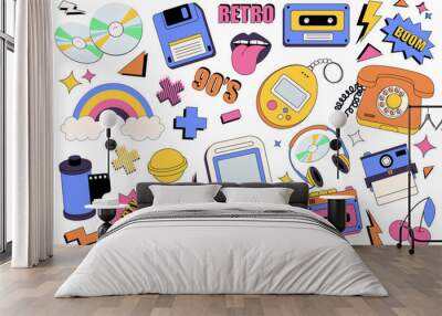 90s retro style mega set graphic elements in flat design. Bundle of music discs, floppy disk, mouth with tongue, cassette, toys and devices, rainbow, candy, other. Illustration isolated objects Wall mural