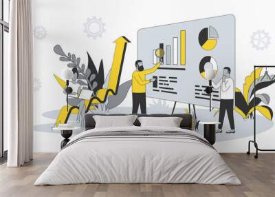 Analytics concept in flat design with people. Men and woman analyzing and researching business data, work with financial graph at dashboard. Illustration with character scene for web banner Wall mural